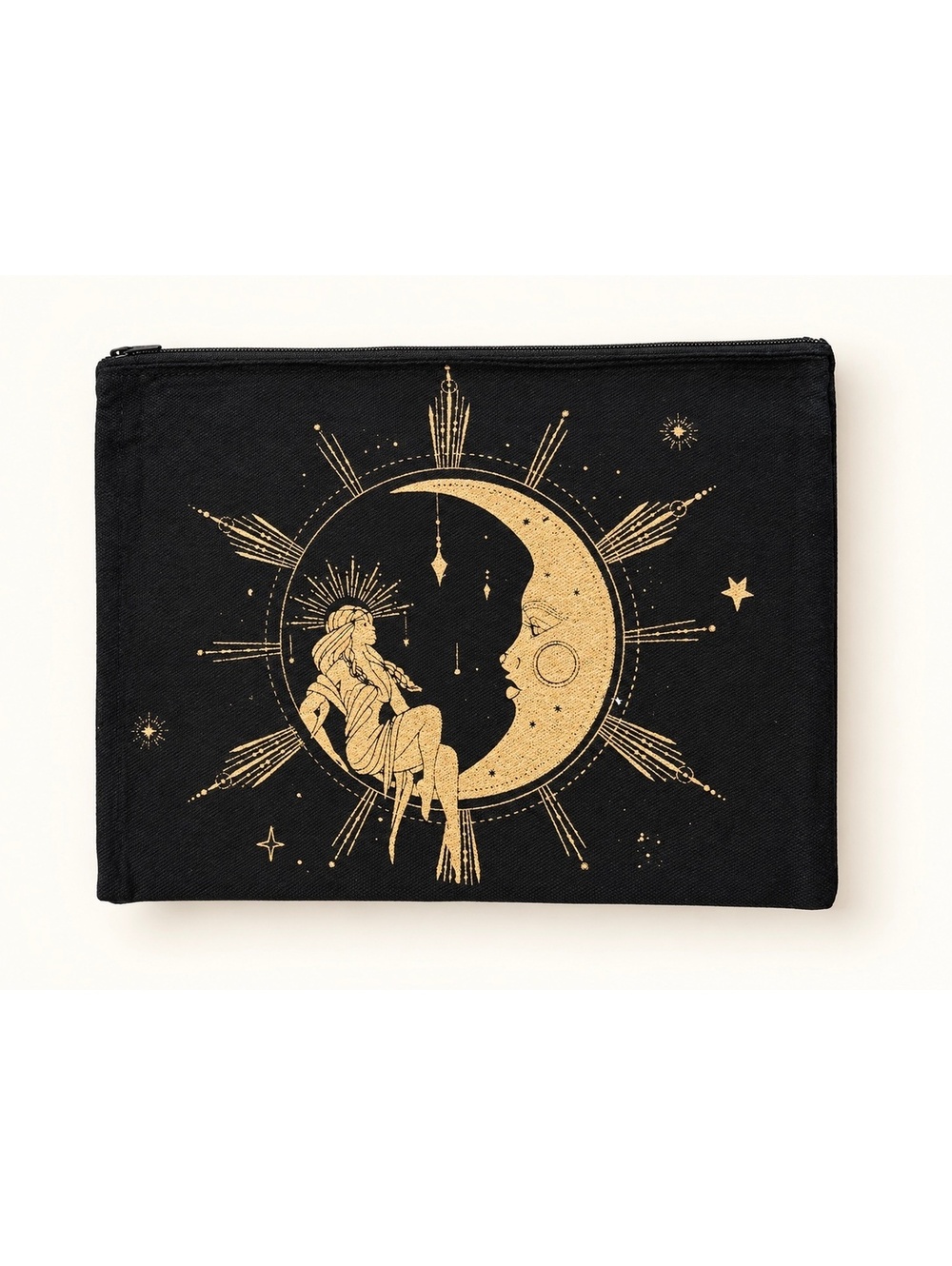 Black & Gold Celestial Zipper Pouch — New Crescent Moon Design